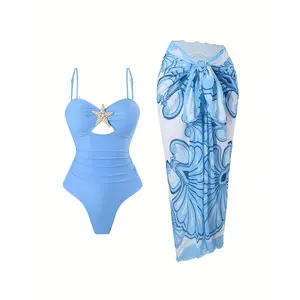 Blue Starfish Decorated 1pc Swimsuit with Beach Towel Set, Fresh Blue And White, Tummy-covering And, Cut-out Sexy Swimsuit,spring glow,mesh top,chic design,mesh top