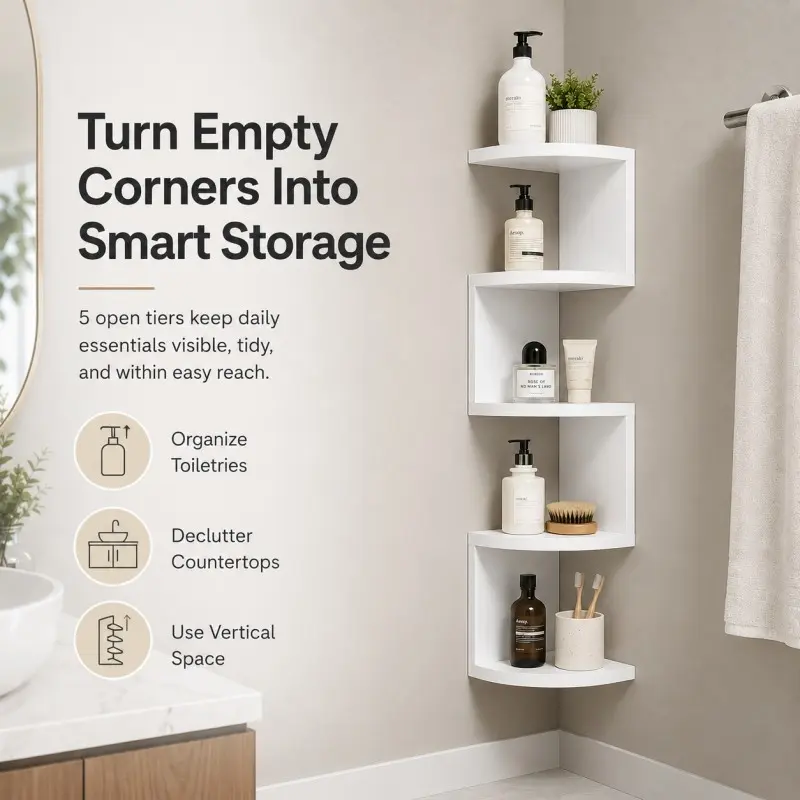 5-Tier Wall-Mounted Corner Shelf for Home | Perfect Storage Solution with Space Saving Design for Kitchen & Bathroom Corners | Organizer Hanging Shelf Organizing (DM435)
