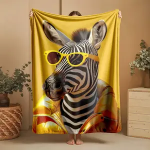 1 piece Fashion zebra wearing yellow sunglasses and jacket themed flannel blanket - Modern-style flannel blanket, suitable for sofas and beds, all-season use, super soft and comfortable, digital printing, 100% polyester material, machine washable