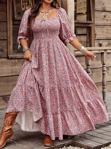 Women's Floral Print Square Neck Half Sleeve Lantern Patchwork Bohemian Dress, Casual Long Dress for All Seasons, Comfortable & Stylish, Womenswear Boho