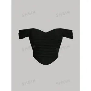 Off-Shoulder Fishbone Lace Cropped Top with White Corset-Style Structure and Ruched Waist — Fashionable Casual Fabric Fit, Pairs Well with Raincoats