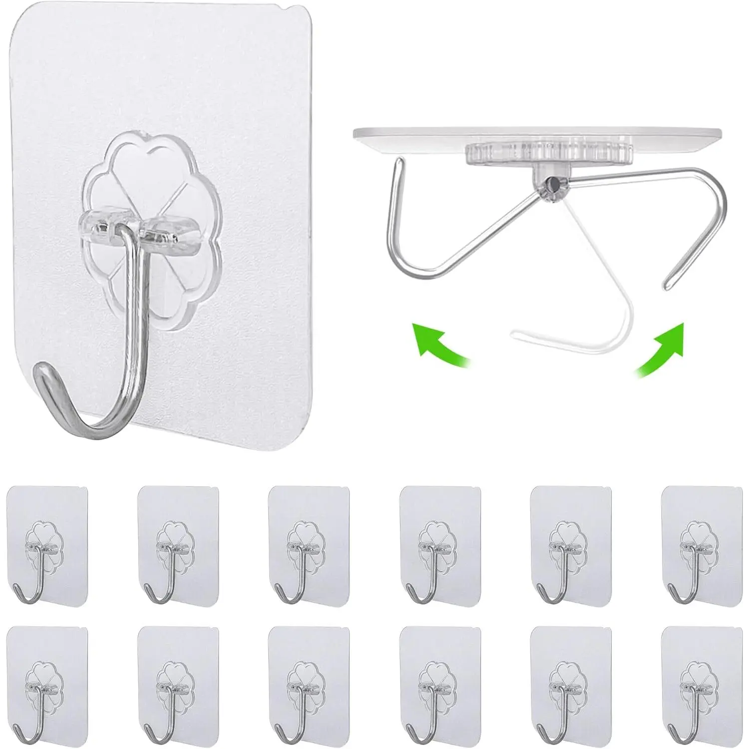 Self Adhesive Hooks - 12 Packs of Transparent Wall Door Hooks Stick On/Extra Strong Sticky Hook for Hanging Coat, Cloth, Towel, Key and More