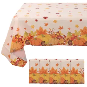 5-Pack Plastic Tablecloths 54"x108" Orange Thanksgiving Rectangle with Fall Leaves Pumpkin Print - PVC Waterproof Disposable Covers