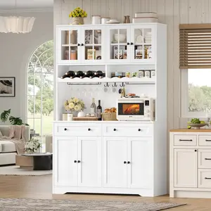 2 Packages Shipping 75.4" Tall Kitchen Pantry Cabinet with Charging Station, Hutch, Microwave Stand, Wine Rack, Large Pantry Storage Cabinet with Glass Doors, Drawers tiktokshopspringglowup