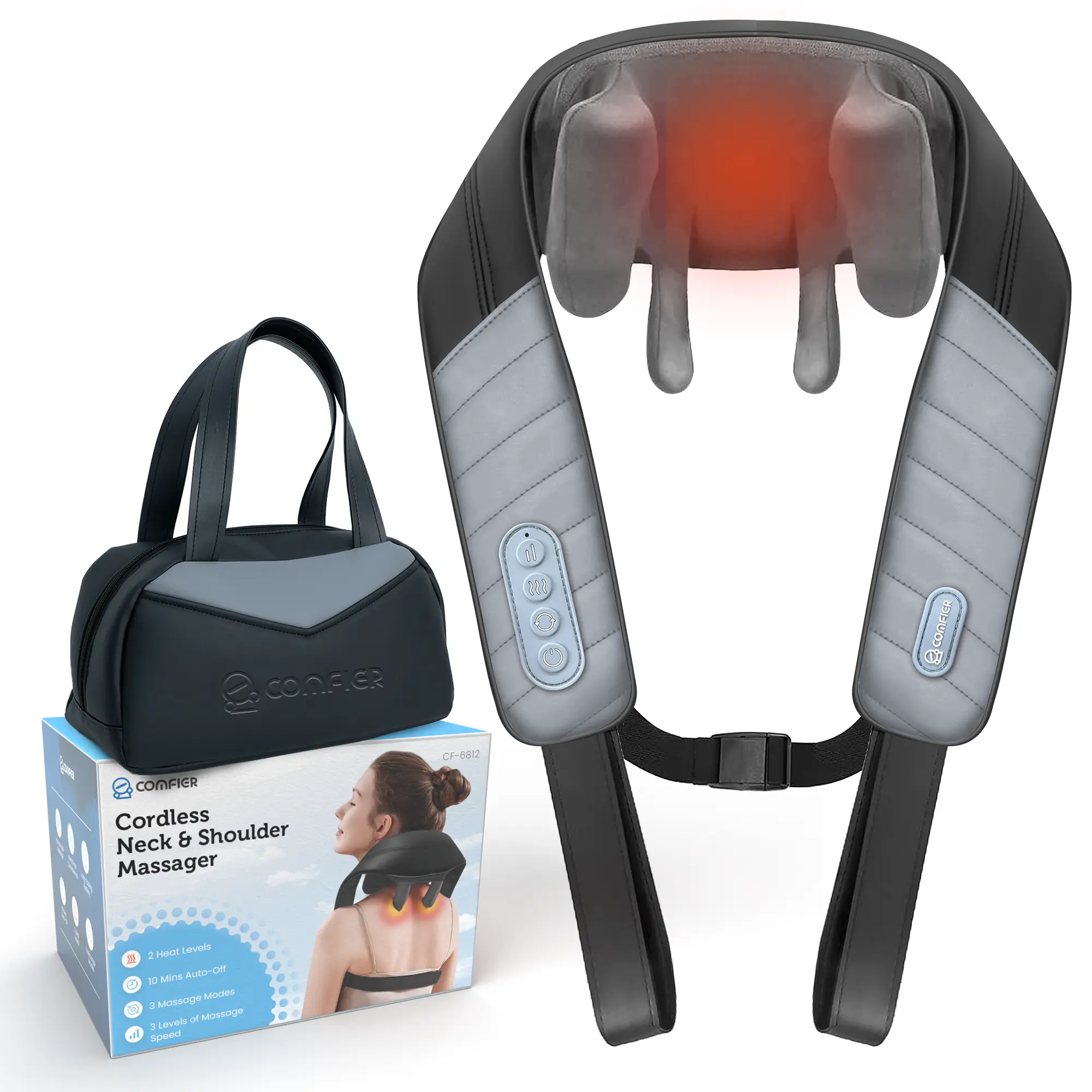 Comfier 4D Neck and Shoulder Massager with Heat for Pain Relief Therapy, Cordless Shiatsu Back Massager, Adjustable & Hands-Free Massage Pillow for Selfcare