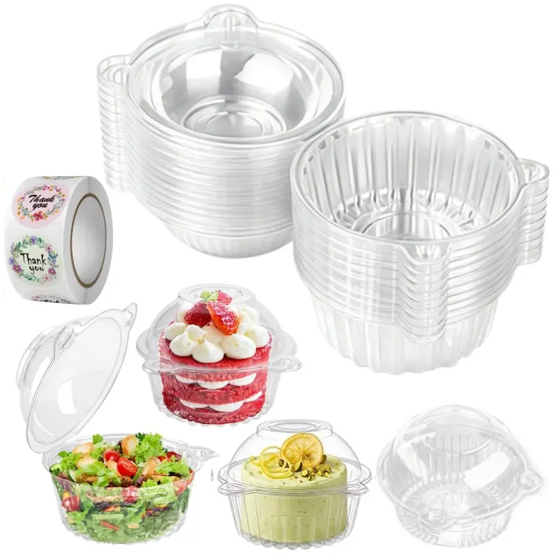 100 Pack Disposable Clear Plastic Individual Cupcake Boxes with Thank You Labels, Portable Dome Dessert Containers, Reusable Single Muffin Holders for Baking, Party, Fruit Storage