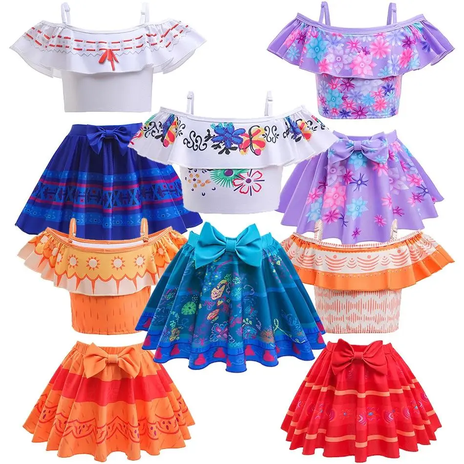 Encanto Mirabel Isabela Cosplay Carnival Costume Girls Swimsuit 2 Piece Sets Summer Swimwear Bikini Beach Party Set 3-10Yrs
