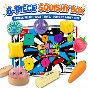 8-Piece Set Poke Box Malt Sugar Stress Relief Fidget Toys, Sensory Bundle, Creative Slow-Return Squishy, Party Gift, It includes buns, strawberries, cheese, carrots and more.8 Different Styles