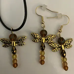 Gold dragonfly, earring, and necklace set