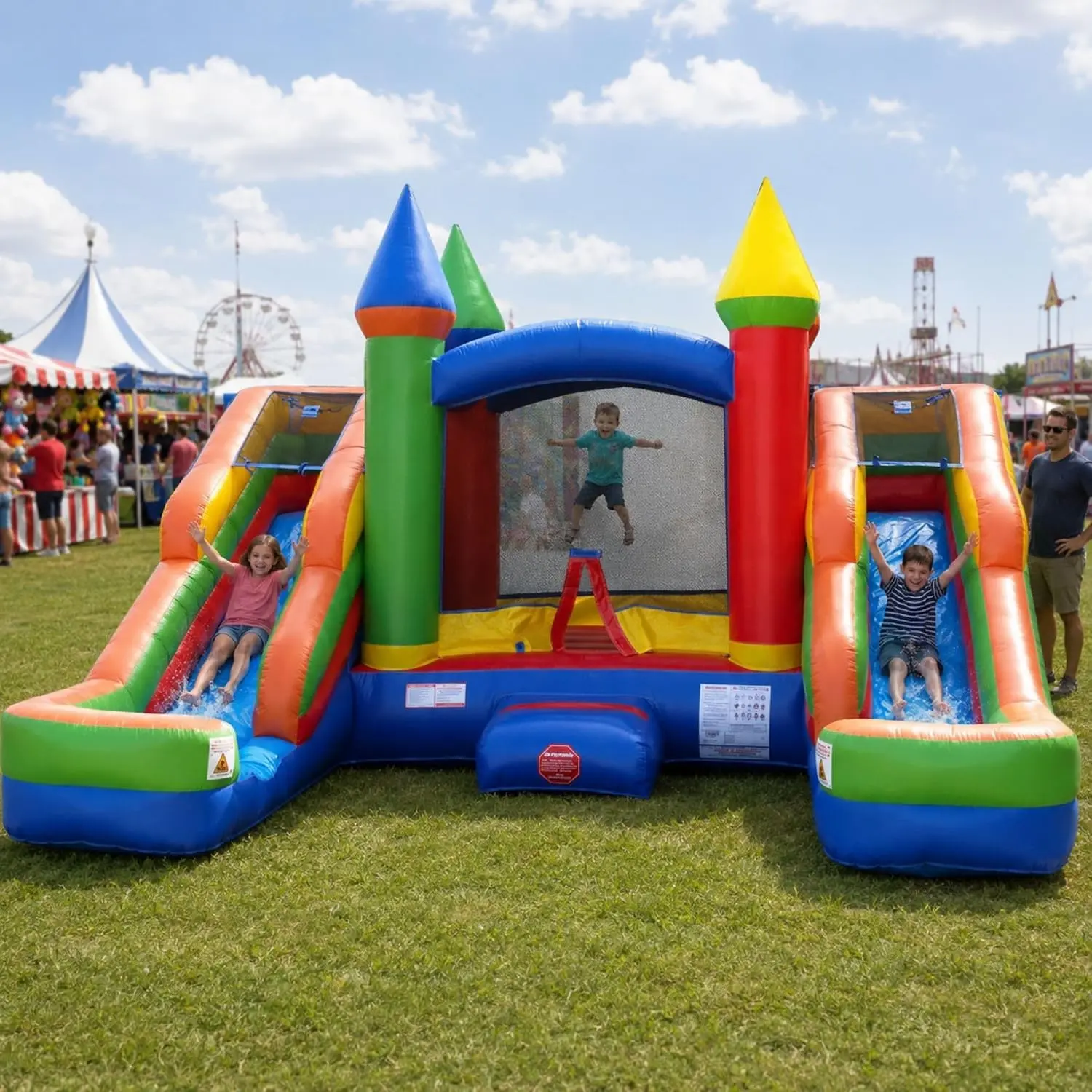 Crossover Rainbow Double Water Slide Bounce House Combo, 16.5 x 15 x 11 Foot, PVC Vinyl Inflatable Bouncy House for Kids, Wet or Dry Slides, with Stakes and Storage Bag, Blower not Included