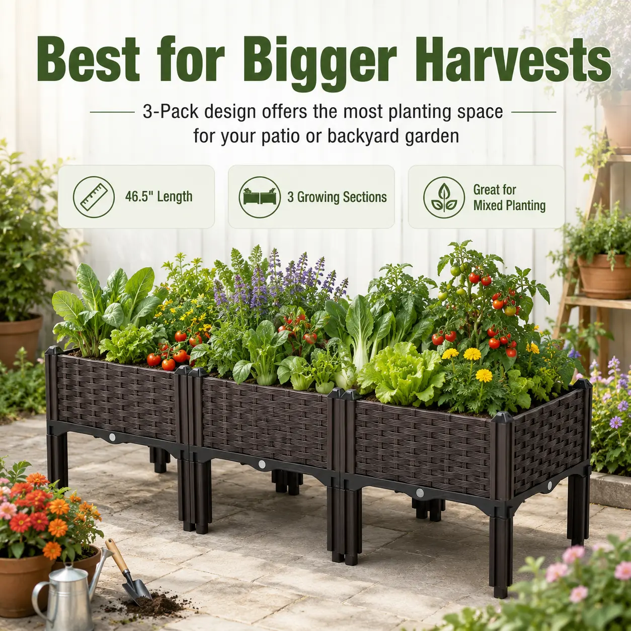 46.5 in Rectangular Outdoor Multi-Section Elevated Planter - 3 Growing Sections, Harvest Boost Design, Container Gardening Large Planter for Mixed Planting, Patio Backyard Home Improvement Supply