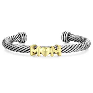 Mytys Mother's Day Gift Two Tone Twisted Cable Bracelet with MOM for Women Adjustable Flexible Bangle Jewelry Gifts