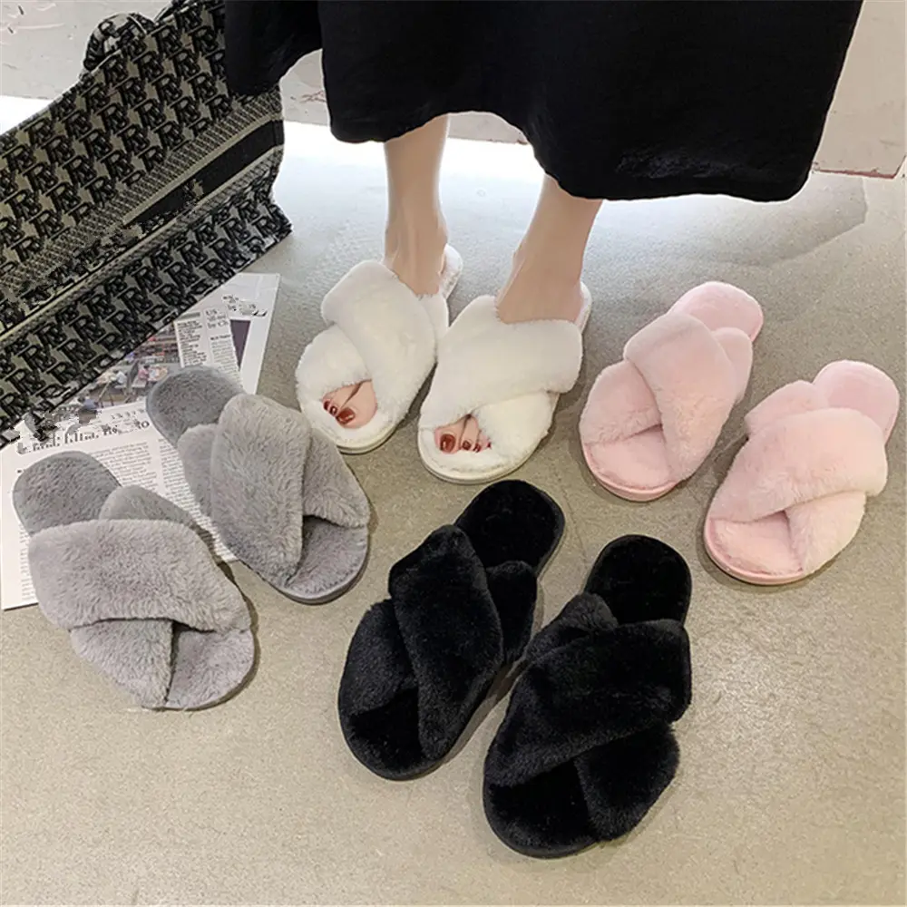 Women's Cross Band Fuzzy Slippers Plush Furry House Slippers Bridesmaid Slippers Open Toe Fluffy Slippers