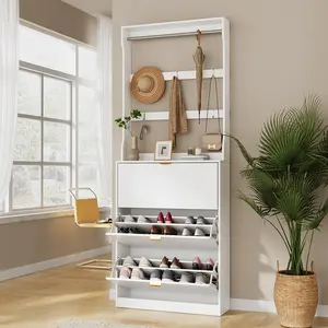 VOWNER Slim 2 in 1 Shoe Cabinet Entryway Shelf Shoe Storage Cabinet with 3 Flip Drawers Shoe Rack Hanging Shelf Coat Hooks for Entryway Hallway & Living Room White