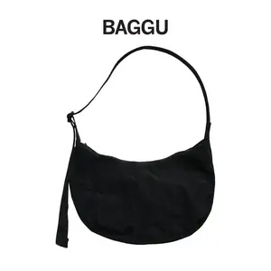 BAGGU Medium Nylon Crescent Bag - Black, Machine Washable, Adjustable Tonal Logo Strap, 8" x 13 ¾" x 4", Ripstop Lining, Eco-Friendly Design