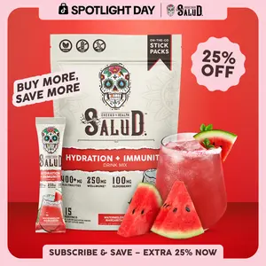 Salud 2-in-1 [Hydration + Immunity - Watermelon Margarita] Electrolytes Powder, Agua Fresca Drink Mix, Elderberry, Dairy & Soy Free, Non-GMO, Gluten Free, Vegan, Low Calorie, 1g Sugar (15 Servings)