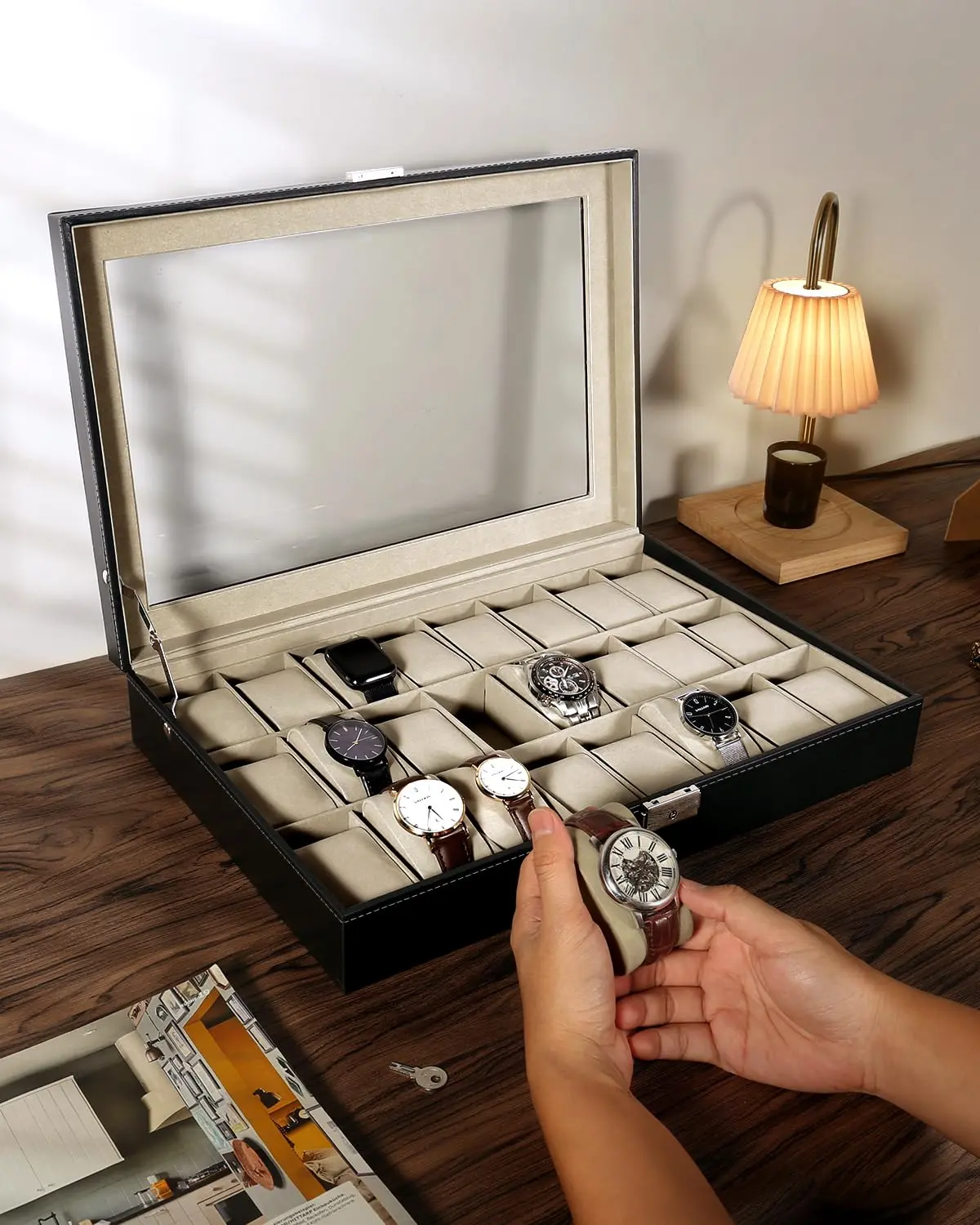 Elegant Auspicious 24-Slot PU Leather Wristwatch Storage Box Organizer for Men, Glass Top Watch Display Stand with Removable Pillows, Ideal for Engagement & Birthday Gifting