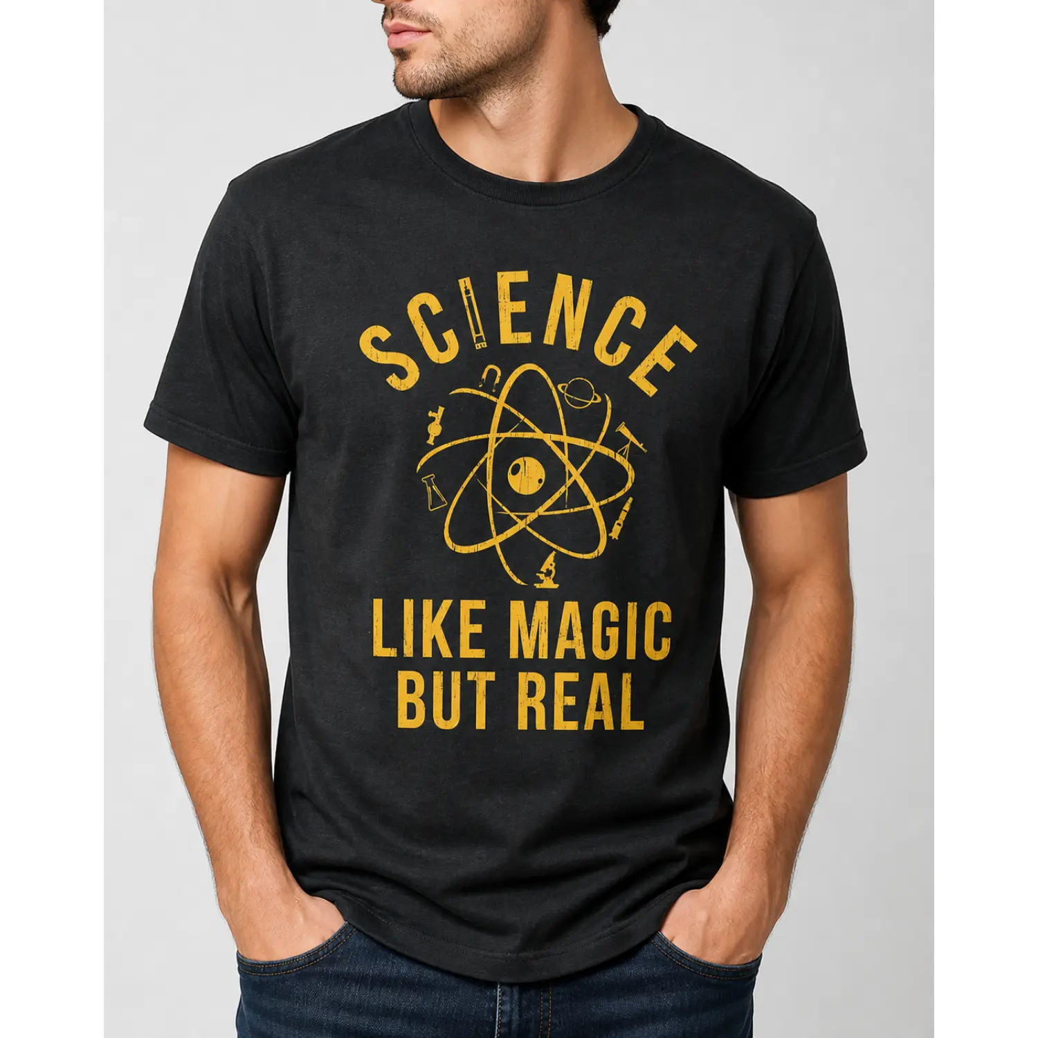 Women's Chic Crew Neck Cotton Graphic Tee - Essential Everyday Streetwear for Nerdy Teachers with "Science Like Magic But Real" Design