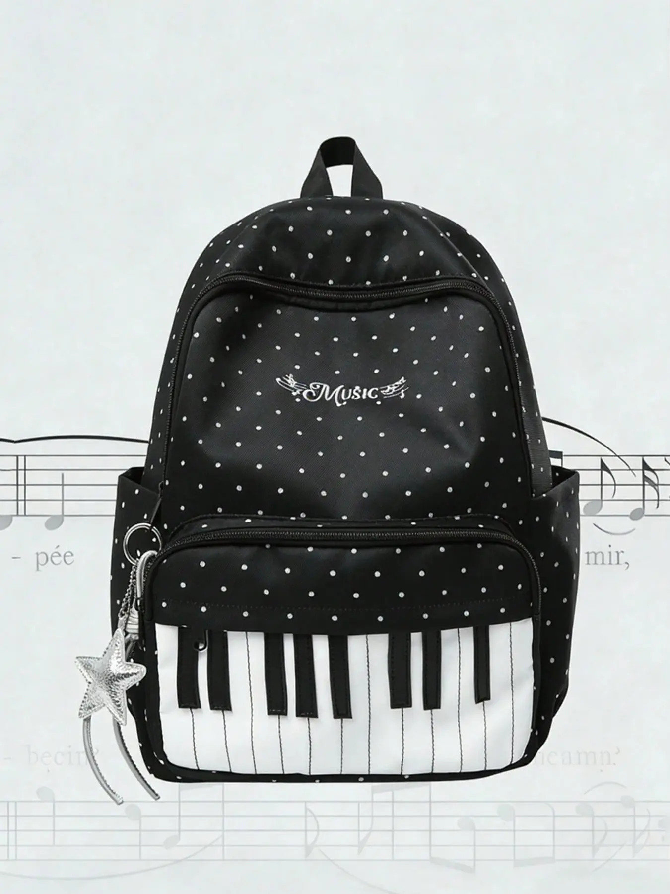 Music themed fashionable and personalized high-quality Zip Backpack, decorated with piano keys and polka dot elements, five pointed star hanging decoration, large capacity casual simple and versatile backpack Backpack Bags