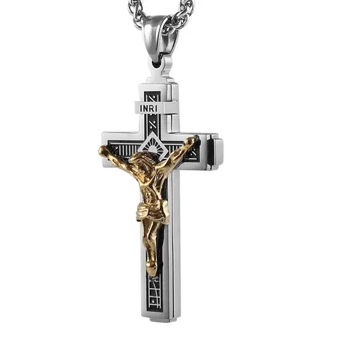 HZMAN Catholic Jesus Christ INRI Cross Crucifix Pendant Necklace for Men - Stainless Steel,Hypoallergenic,Waterproof,22+2 In Chain,Silver/Gold/Black,Holy Communion,Baptism,Gift,Car Ornament