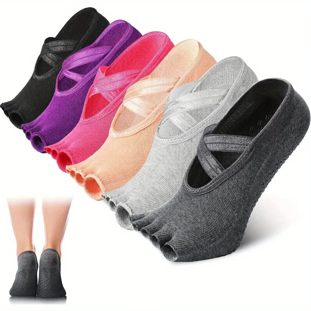 3 Pairs Pilates Socks with Grip for Women Non Slip Yoga Socks Toeless Barre Sticky with Straps Multicolor for Ballet Dance Barefoot Workout