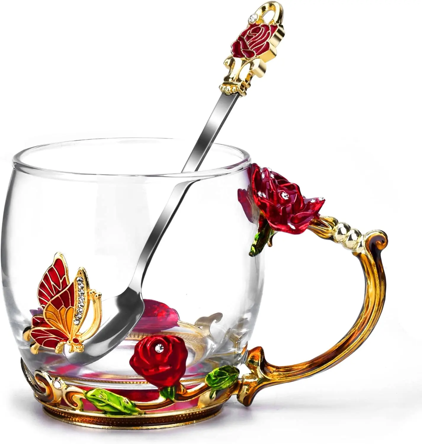 Sturdy Enamel Glass Coffee/Tea Mug with Handles - 3D Designs, Gifts for Women Set, Festive Stocking Stuffers for Mom, Girlfriend, Wife (Birthday, Christmas, Mother’s Day Gifts from Daughter/Son)