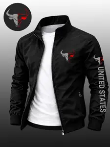 Men's Trendy Bull Flag Print Stand Collar Sport Jacket, Durable Casual Zipper Coat, Business Style Outdoor Wear, Slim Fit, Perfect Gift