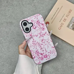 Pink Premium Floral Phone Case Compatible with the New iPhone 17 Pro Max, 17/16/15/14/13 Pro, and Pro Max. Stylish iPhone 16 Plus Case with an elegant botanical pattern on a white background and a dual-layer shock-resistant design. Unisex.