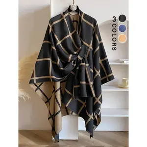 Women's Plaid Print Open Front Cape Shawl, Casual Comfy Wrap Shawl for Fall & Winter, Fashion Accessories for Daily Wear