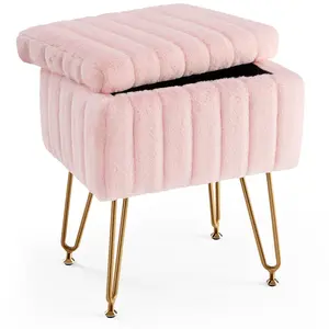Vanity Stool Chair with Storage, Ottoman Faux Fur Soft Padded Makeup Footstools Seat with 4 Metal Legs Anti-Slip Adjustable Feet Modern Cute Small Footrest for Home Entryway Bedroom