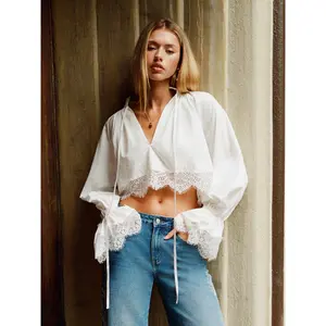 Cider Cotton-blend V-neck Lace Panel Ruffle sleeve Oversized Crop Blouse SwimWeek