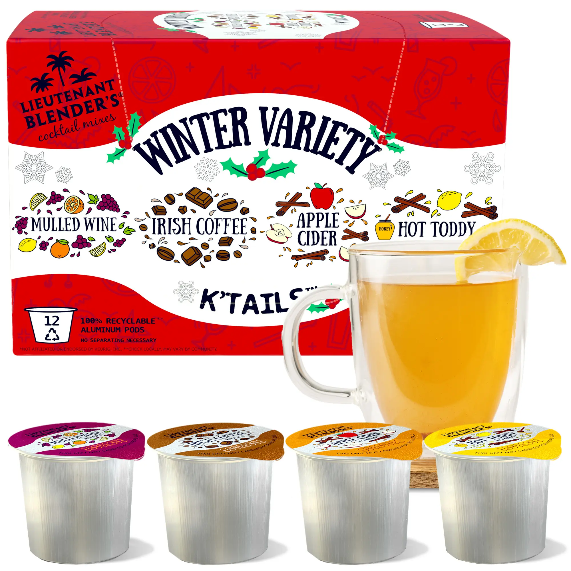 Lt. Blender's K'Tails Winter Variety Pack Single Serving Pod Cocktail Mixers Hot Toddy Irish Coffee Mulled Wine Apple Cider 12Ct Pack