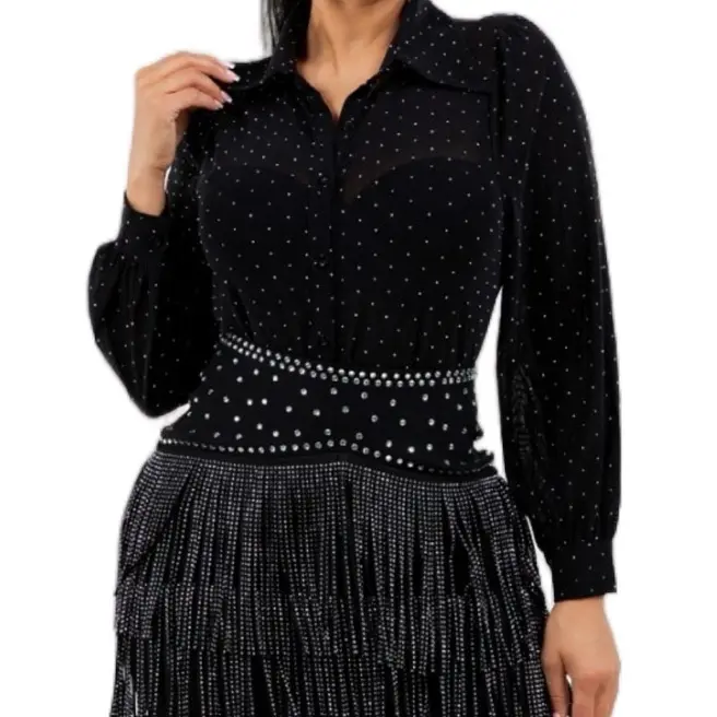 Kristy Top - SHEER & RHINESTONE BUTTON DOWN COLLARED SHIRTS  Sheer & Rhinestone embellished fabric  Button down  Collared neck line  Model is wearing a size S (5'7"-34-26-39)  Fabric Contents:  96% POLYESTER / 4% SPANDEX