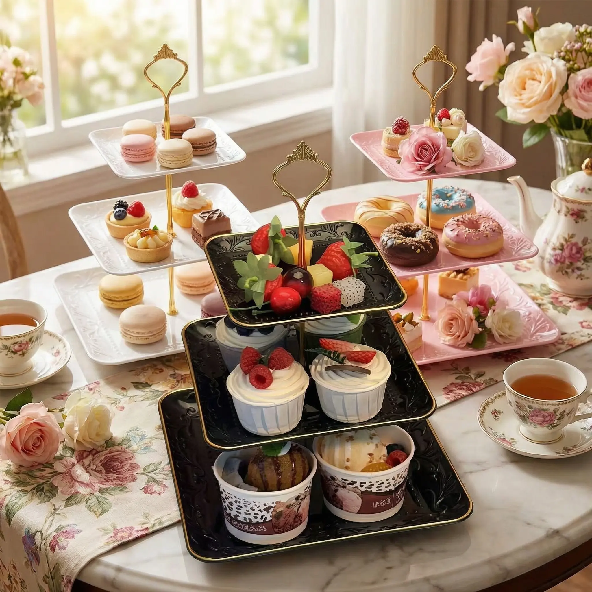 sebastian CADIA, Single plastic square three-tier water pattern cake tray, perfect for weddings and birthday parties, suitable for serving desserts and snacks