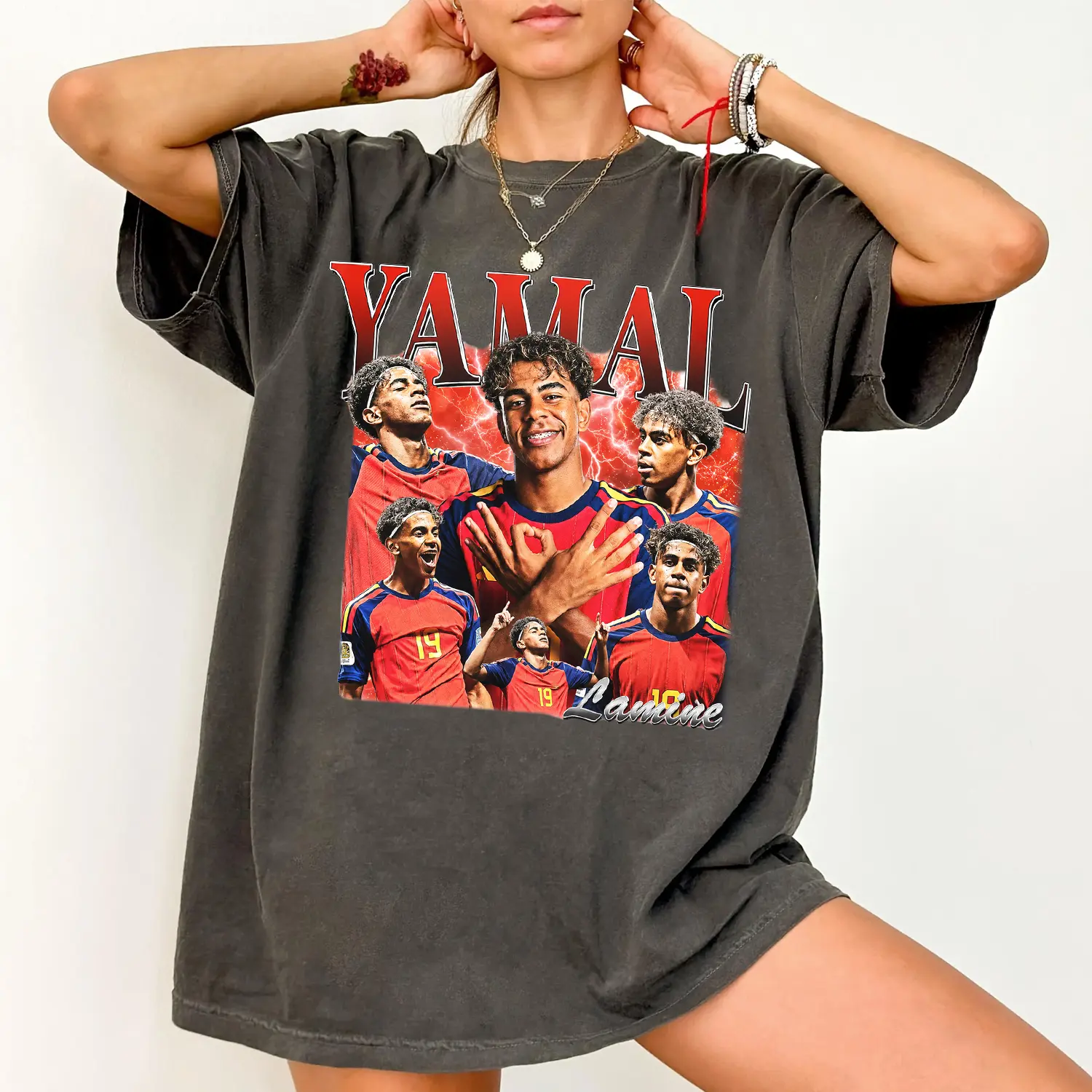 Men's Vintage Yamal Collage Graphic T-Shirt - Spain Soccer Star Casual Comfortable Seamless Fit Cotton Tops, Unisex Fan Sports Gift