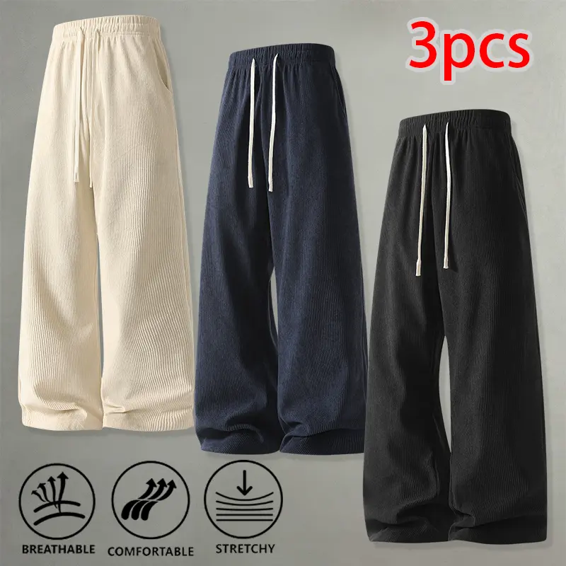 3-pack vertical-slit drawstring wide-leg casual sweatpants with an elastic waistband and a fluid drape that reaches the floor; suitable for home, commuting, and street wear.