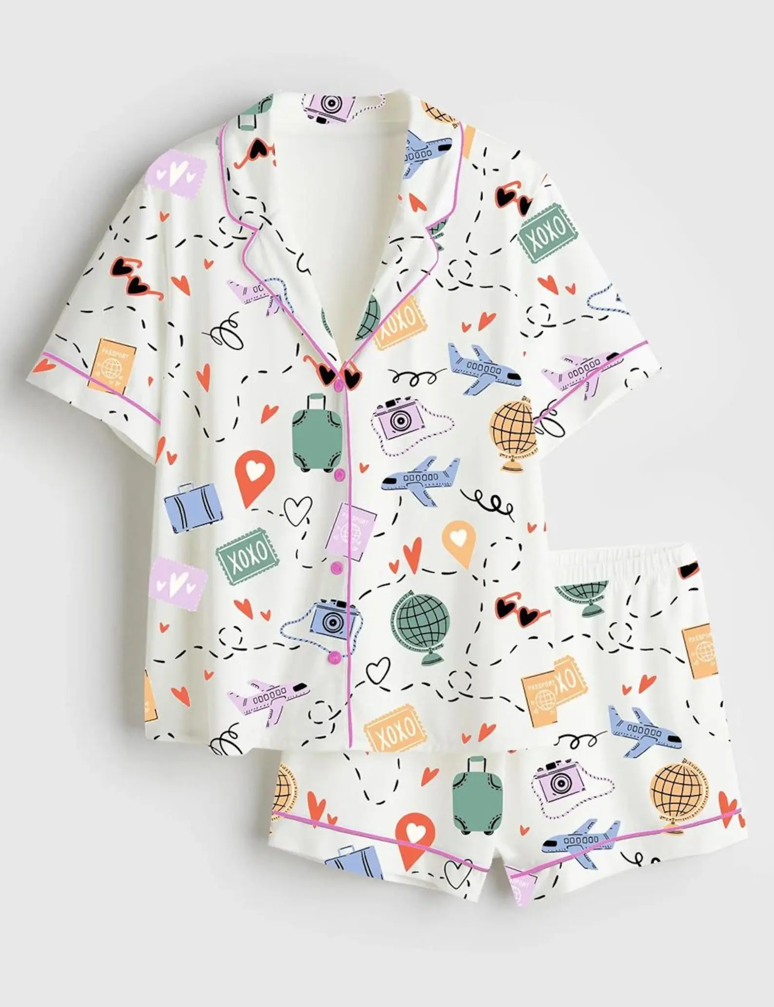 Women's Travel Anywhere Satin Pajama Set, Short Sleeve Vacation Sleepwear, Luxury Travel Gift, Airplane Mode PJs, Wanderlust Lounge Set