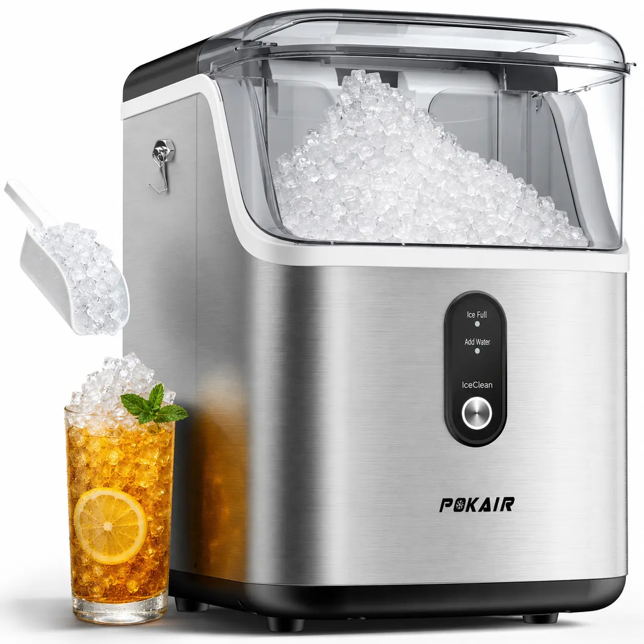 POKAIR Countertop Ice Making Machine, 33lbs/Day Soft Chewable Pebble Ice in 9 Minutes, 1-Click Self-Cleaning Stainless Steel Portable Icemaker for Home & Office
