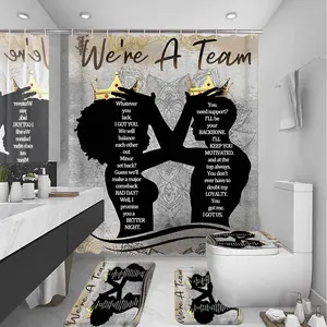 4 Pcs Black King Queen Shower Curtain Set, Inspirational Quotes Bathroom Decor Set with Shower Curtain, Rugs, Toilet Lid Cover and Bath Mat, Romantic Waterproof Fabric Shower Curtains