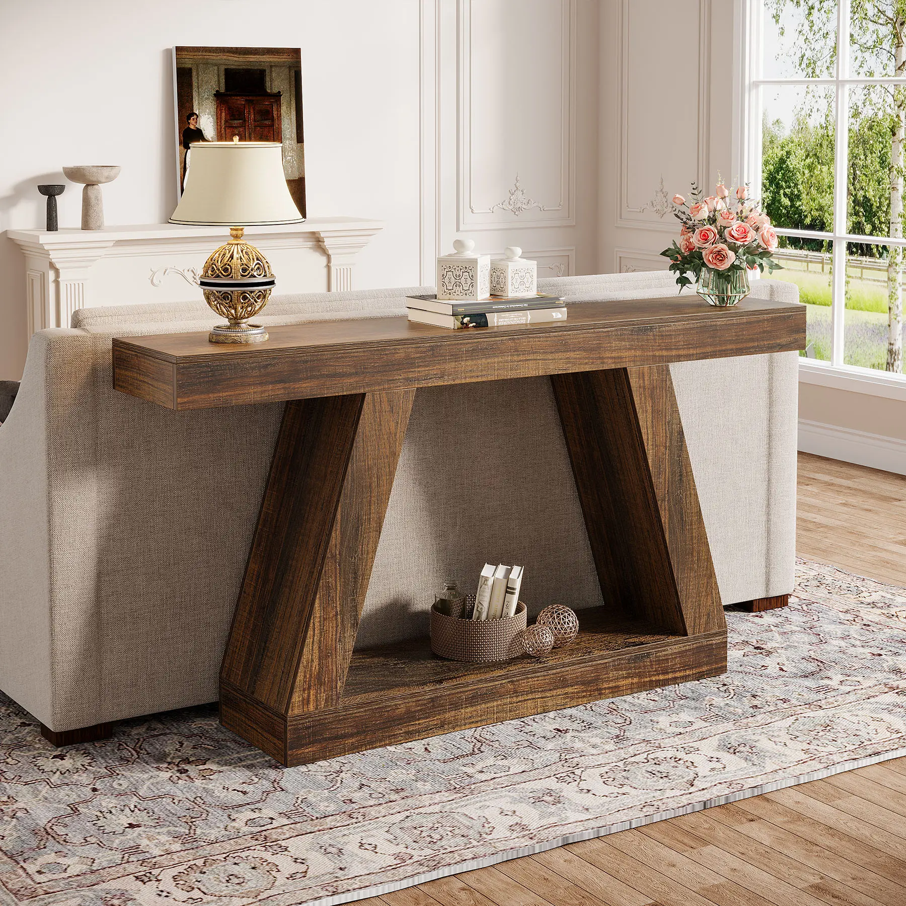 LITTLE TREE Farmhouse Console Table, 55-Inch Rustic Sofa Table with Storage, Industrial Wooden Entryway Table for Hallway, Living Room