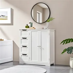 Yaheetech Wooden Bathroom Floor Cabinet, Side Storage Organizer Cabinet with 4 Drawers & Double Doors, Freestanding Entryway Storage Unit Console Table, Bathroom Furniture Home Decor