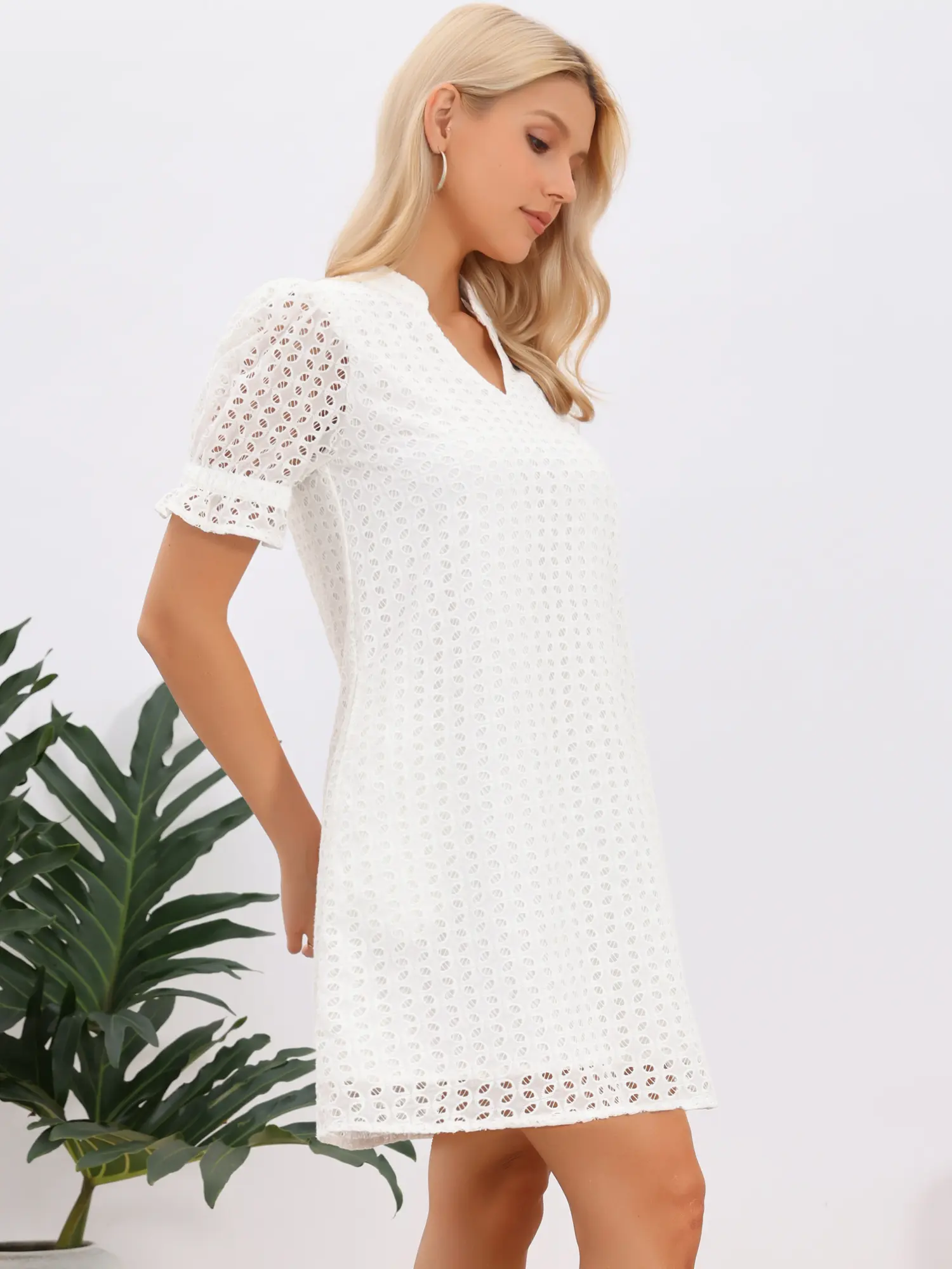 INSPIRE CHIC Short Sleeve Mini Dress for Women Summer V Neck Ruffle Hollow Out Eyelet Lace Dresses