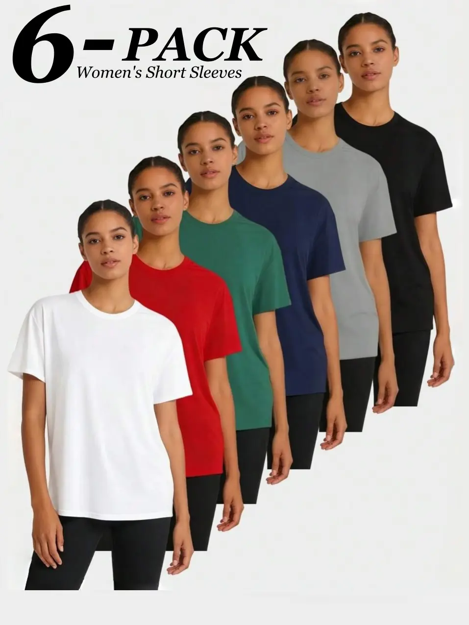 Women's Plus Size T-Shirts - 6-Pack Solid Crew Neck Short-Sleeve Basic Athleisure Tops for Female Everyday Casual Wear Travel Essentials