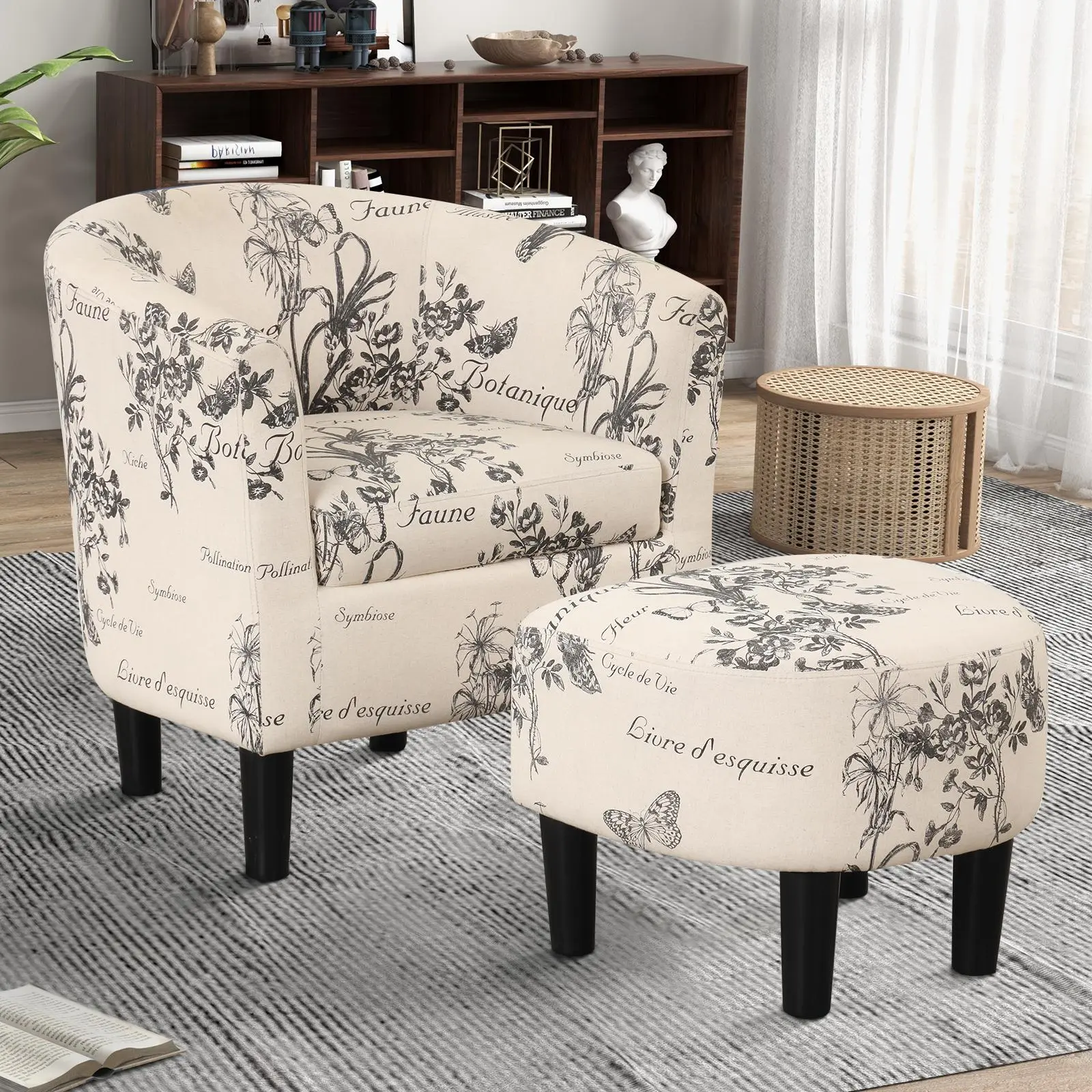 EBELLO Modern Cloth-Covered Backrest Tub Chair with Ottoman Set, Space-Saving Club-Barrel Chair, Body-Friendly Chic Dual-Purpose Fabric Armchair for Living Room, Small Spaces, Cloth-Covered Tub Chairs, Backrest Tub Chairs