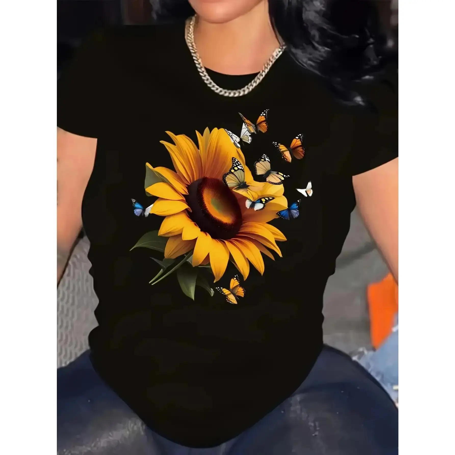 Women's Black Glossy Sunflower & Butterfly Print T-Shirt - Vibrant Round Neck Short Sleeve Top with Relaxed Fit, Casual H-Line Silhouette for Spring Summer Fall Casual Attire, Glossy Fabric (No Stretch) - Versatile Casual to Semi-Formal O