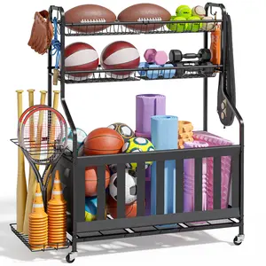 3 Tier Ball Storage Rack with Wheels, Sports Equipment Organizer for Basketball, Soccer Balls & Gear, Black