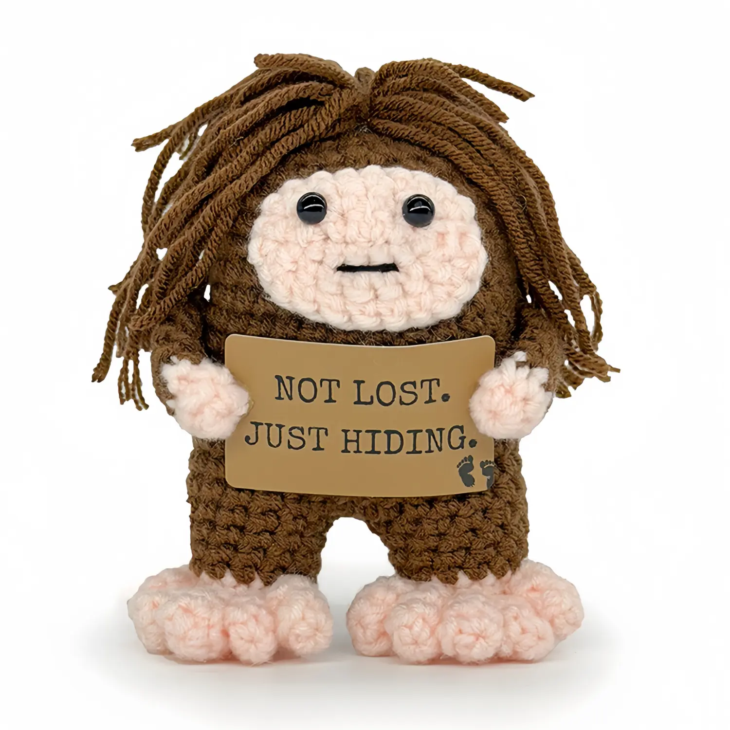 Handmade Crochet Bigfoot Figurine, Mini Sasquatch Desk Decor Collectible, Funny Introvert Bigfoot Cryptid Cabin Gift for Adults, Gift Bag Included (Social Battery Low)