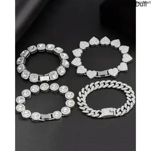 Women's 4-Pcs Silver Bracelet Set, Stylish Accessories, 8-In Long Heart Diamond Cuban Chain Design, 500+ Rhinestones, Hypoallergenic Skin-Friendly Fashion Accessory Set