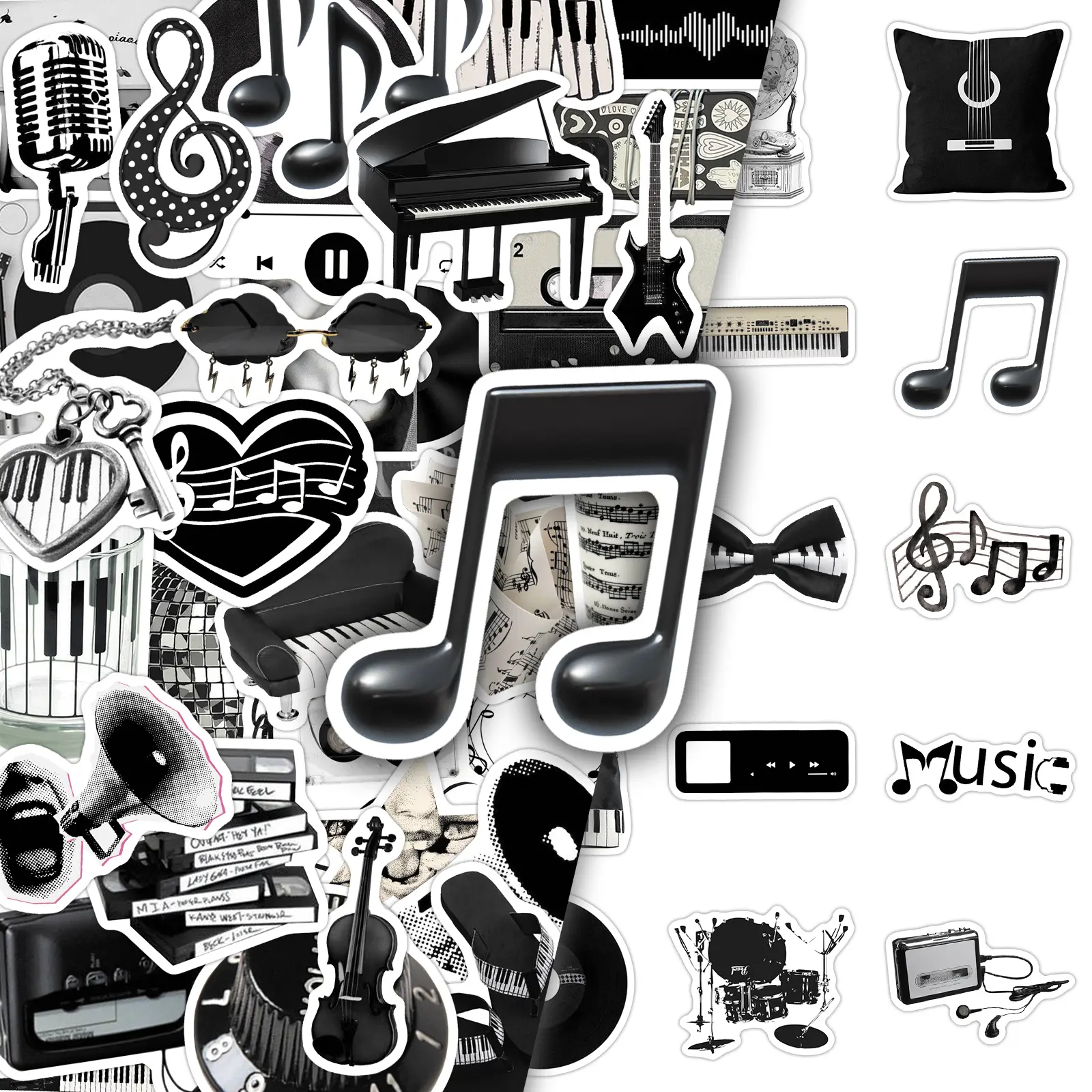 100 Sheets, 2 Repeating Sets, Black and White Music Style, Personalized Creative Retro Design, Niche Decorative Scrapbook Stickers, Stickers For Scrapbooking
