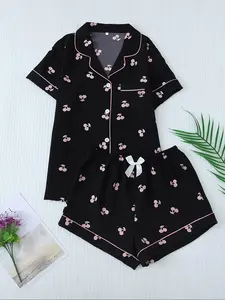 Two-Piece Set Women's Cherry Print Contrast Binding Lapel Shirt & Bow Decor Shorts Pyjama Set, Button Front Short Sleeve Sleep Top & Elastic Waist Shorts PJ Set, Summer Sleepwear Set for Ladies, Pajamas, Loungewear